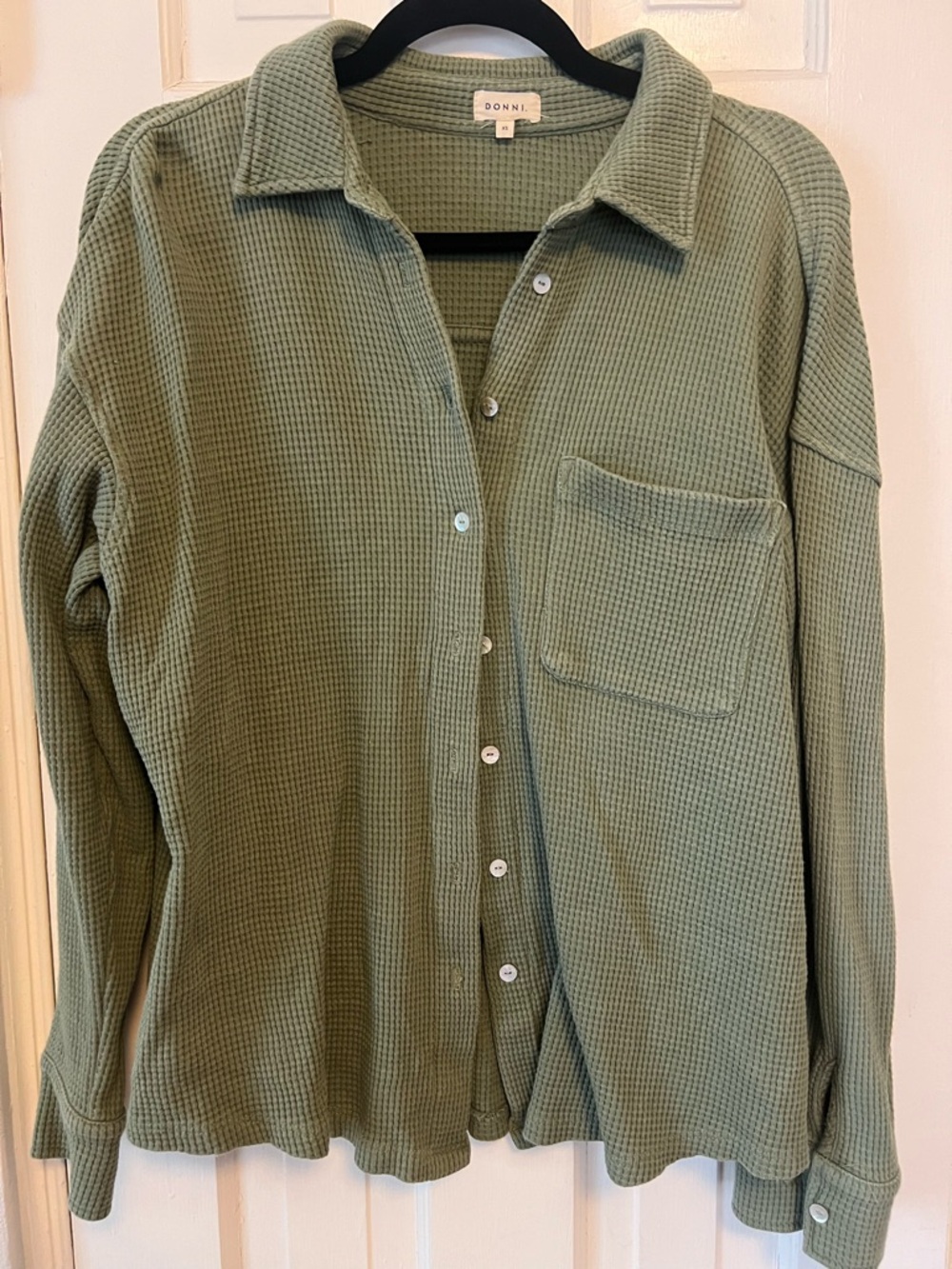DONNI. Sage Green Waffle Button-Up Shirt